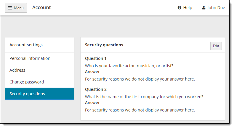 Account settings page, View Security questions.